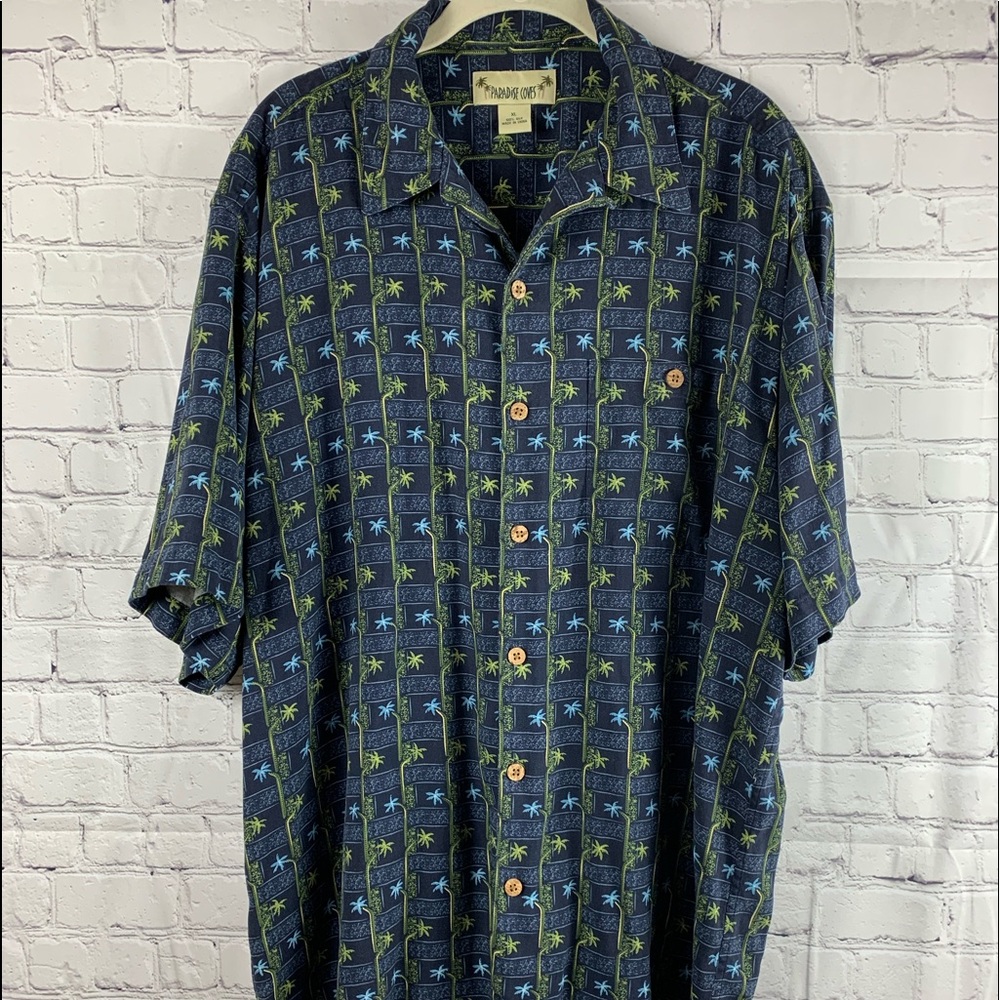 VINTAGE PARADISE COVES  Hawaiian Shirt 100% SILK Navy Blue with Palm Trees EUC